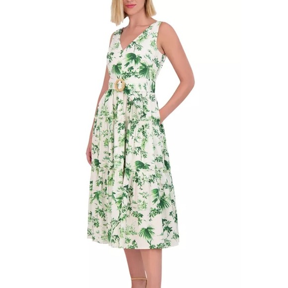 Vince Camuto Midi Dress Womens 6 Floral Print Belted Tiered V Neck Pockets New - Picture 2 of 14